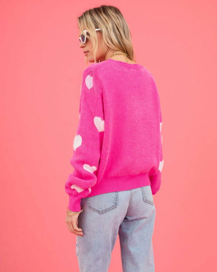 Oversized sweater med hjerteprint i hot pink
