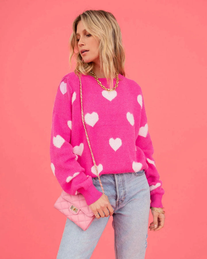 Oversized sweater med hjerteprint i hot pink