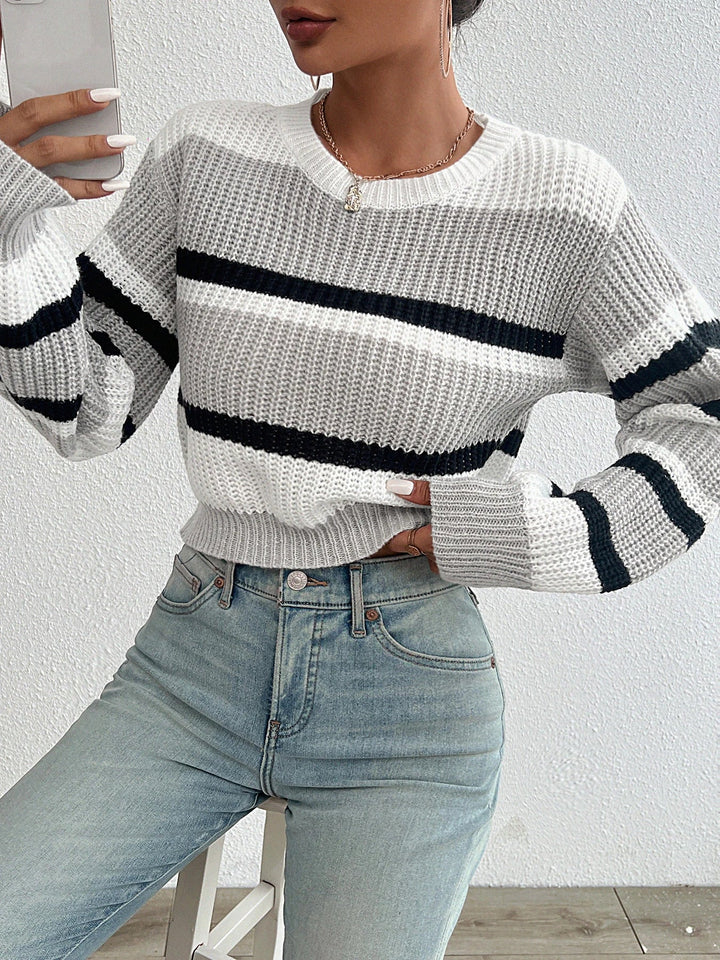 Drop Shoulder Color Match Knit Sweater