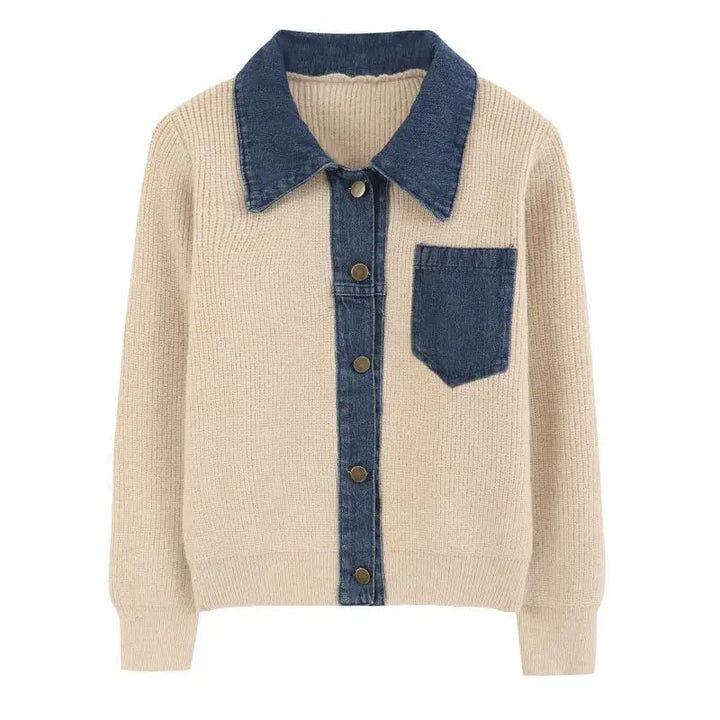 Denim Patchwork Strikket Polo Cardigan