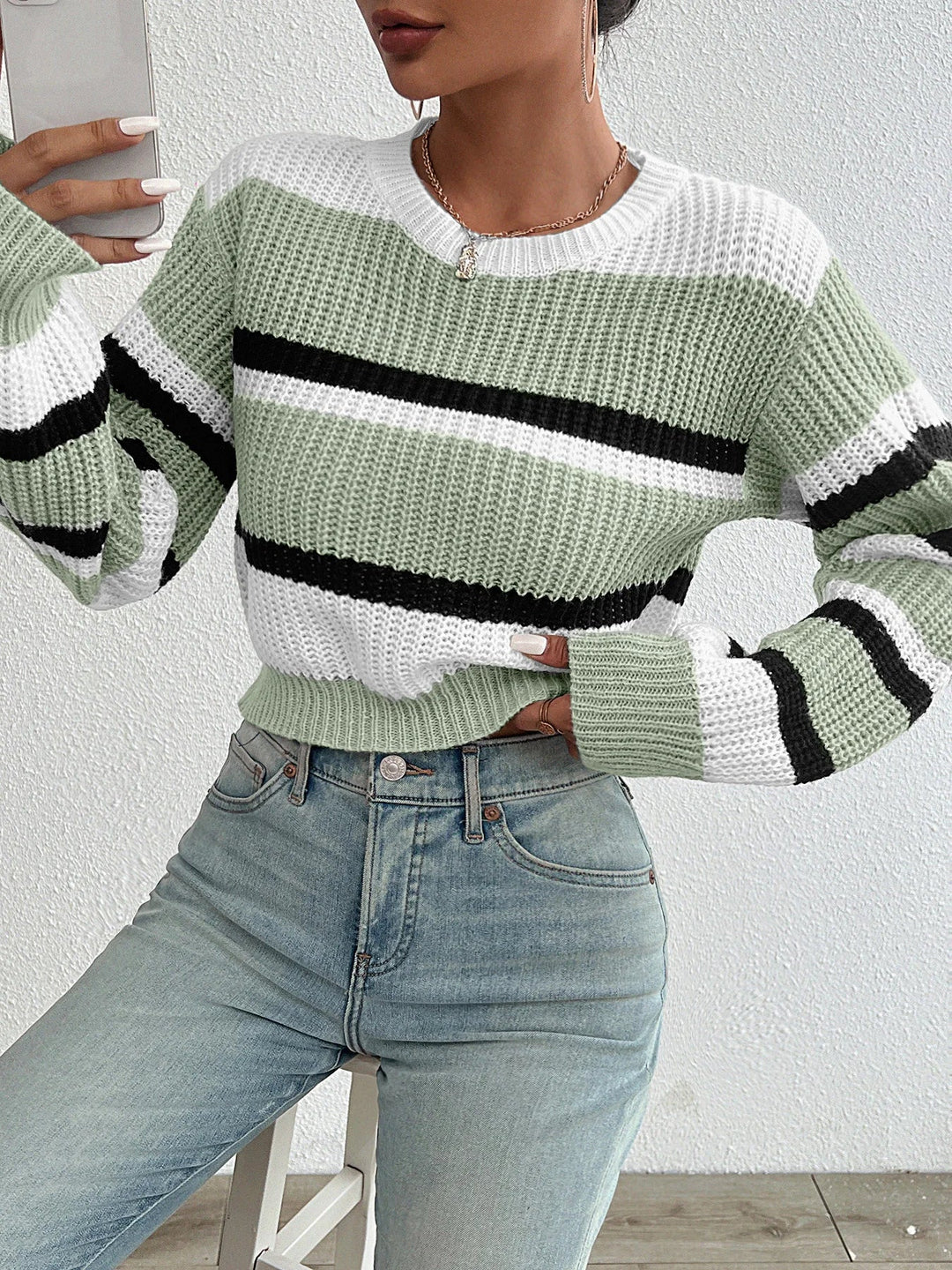 Drop Shoulder Color Match Knit Sweater