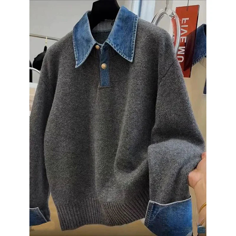 Pull en tricot patchwork en denim