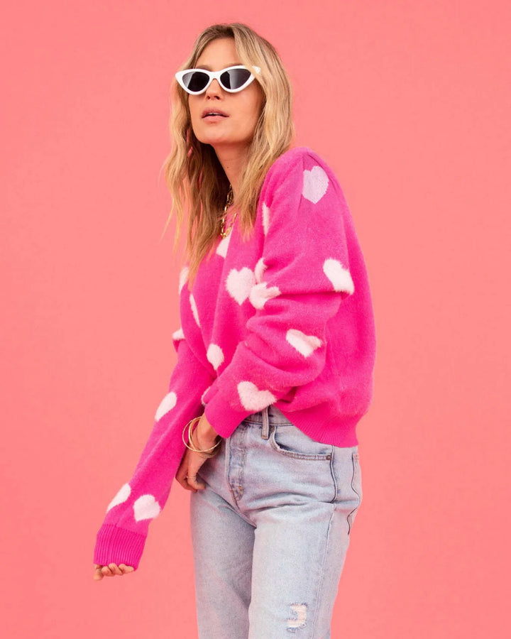 Oversized sweater med hjerteprint i hot pink