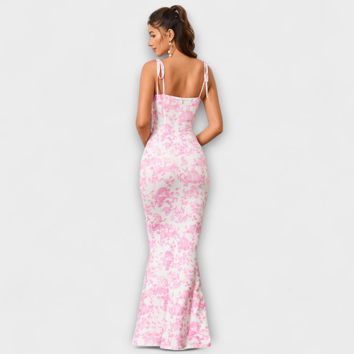Floral Print Prom Dress with Tied Shoulder Straps