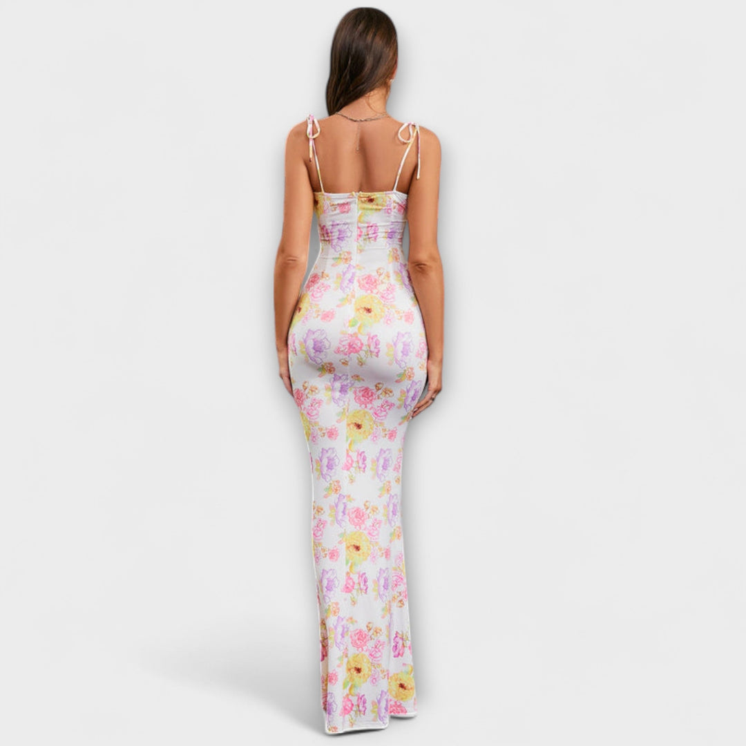 Floral Print Prom Dress with Tied Shoulder Straps