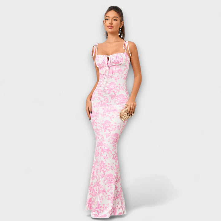 Floral Print Prom Dress with Tied Shoulder Straps