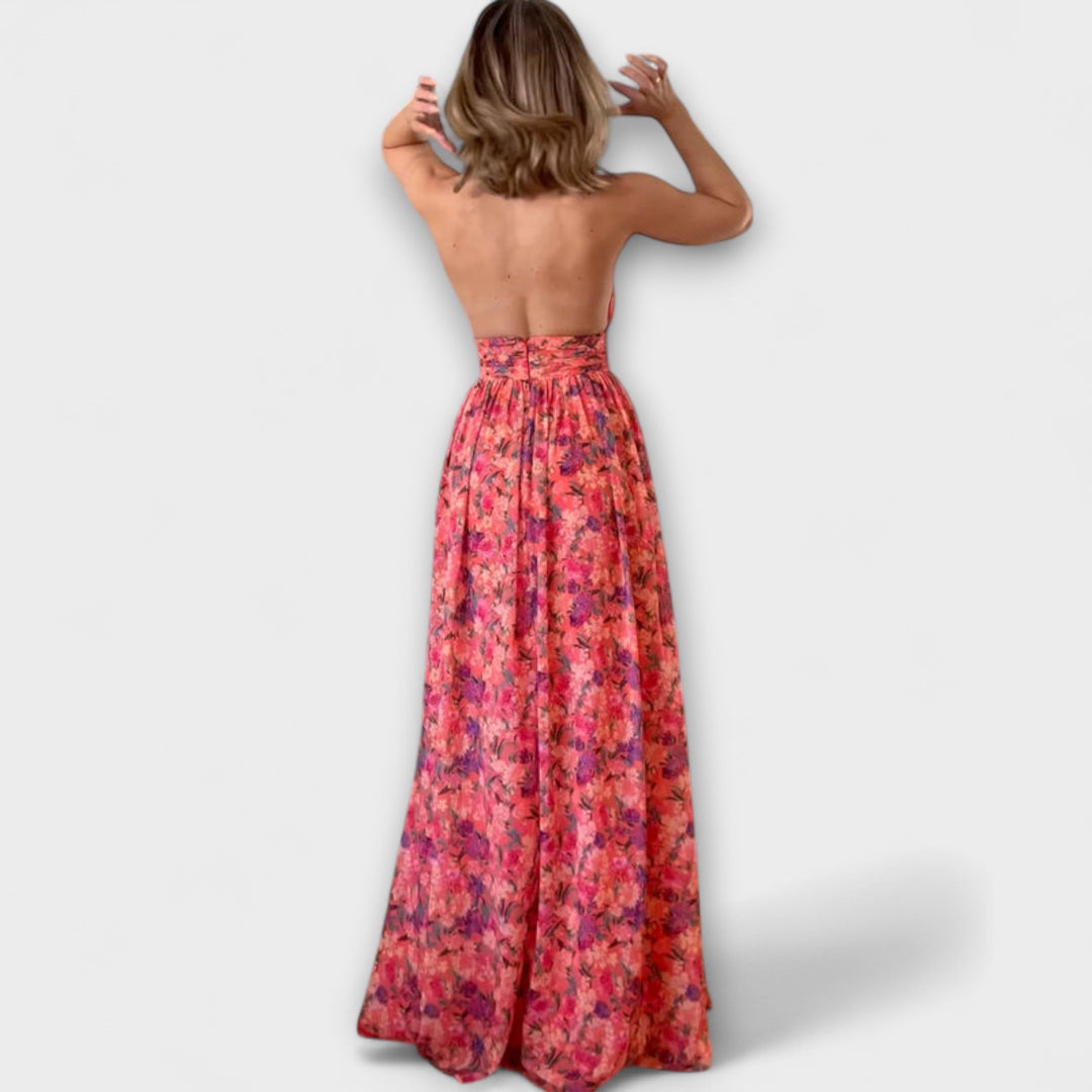Rochie maxi fără spate cu model floral