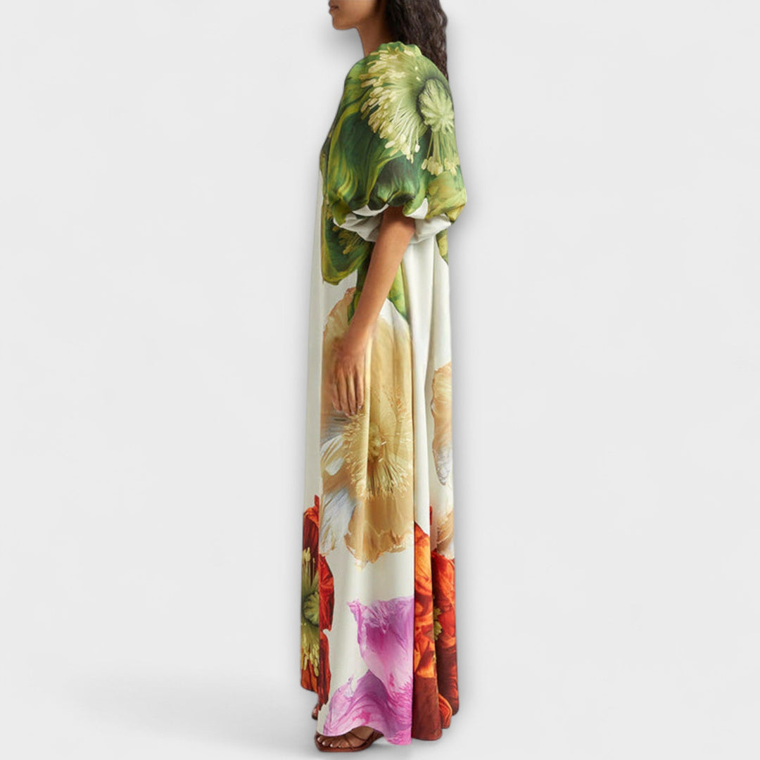 Vestido Maxi con Estampado Floral, Escote Asimétrico y Mangas Abullonadas