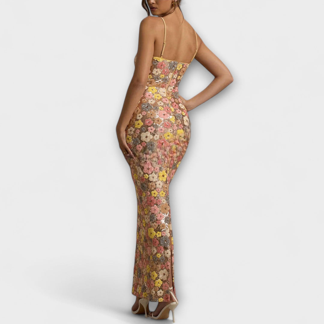 Maxi Dress with Floral Sequins in 80s Style