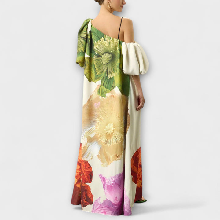 Vestido Maxi con Estampado Floral, Escote Asimétrico y Mangas Abullonadas