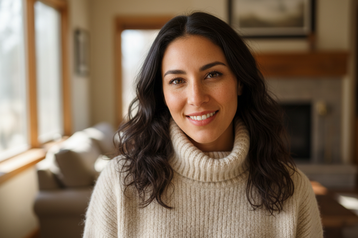 Close up woman wearing turleneck looking into camera aged 30-40