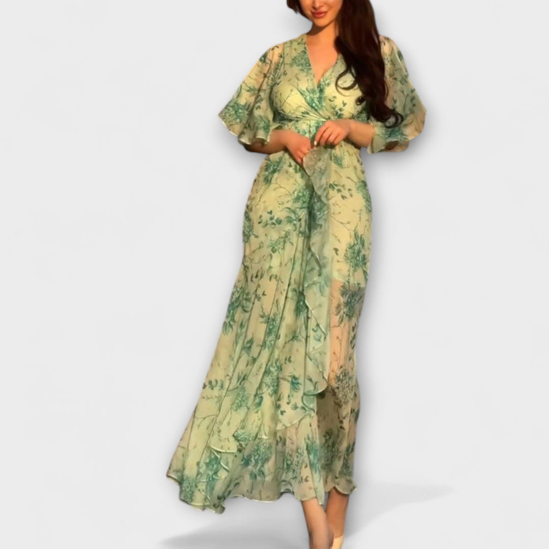 Vestito elegante a fiori con scollo a V