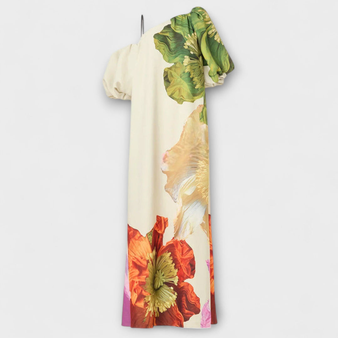 Vestido Maxi con Estampado Floral, Escote Asimétrico y Mangas Abullonadas
